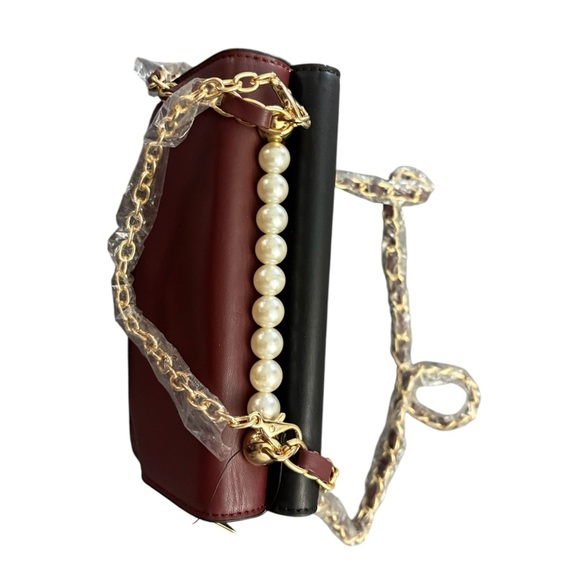 Badgley Mischka Black and Wine Double Crossbody Bag with Pearls - Picture 5 of 13